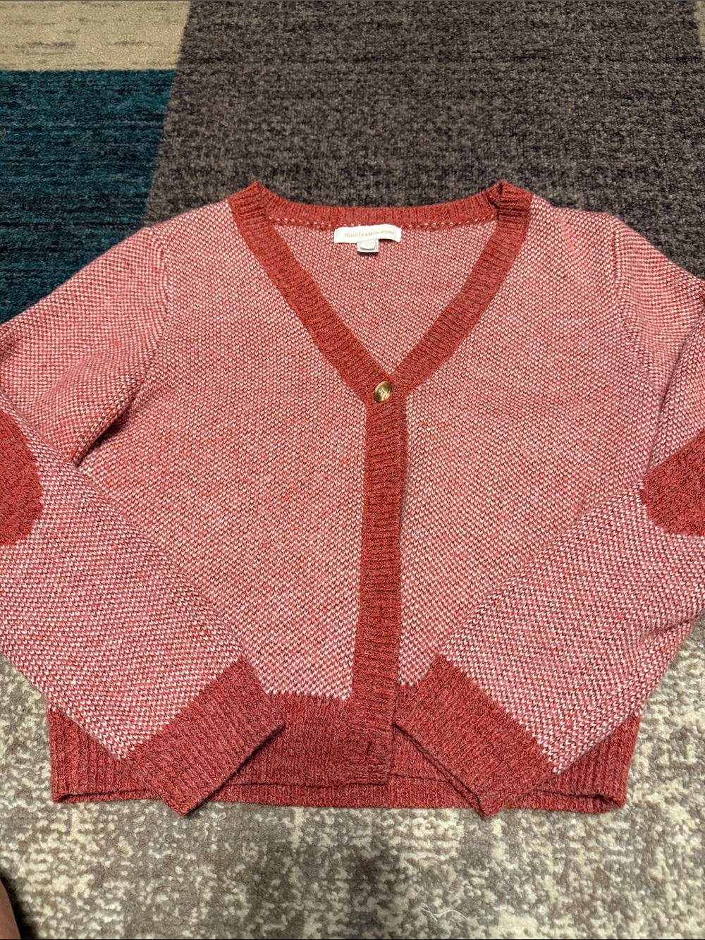 Monteau Red V-Neck Marled Knit Cardigan with Elbow Patches